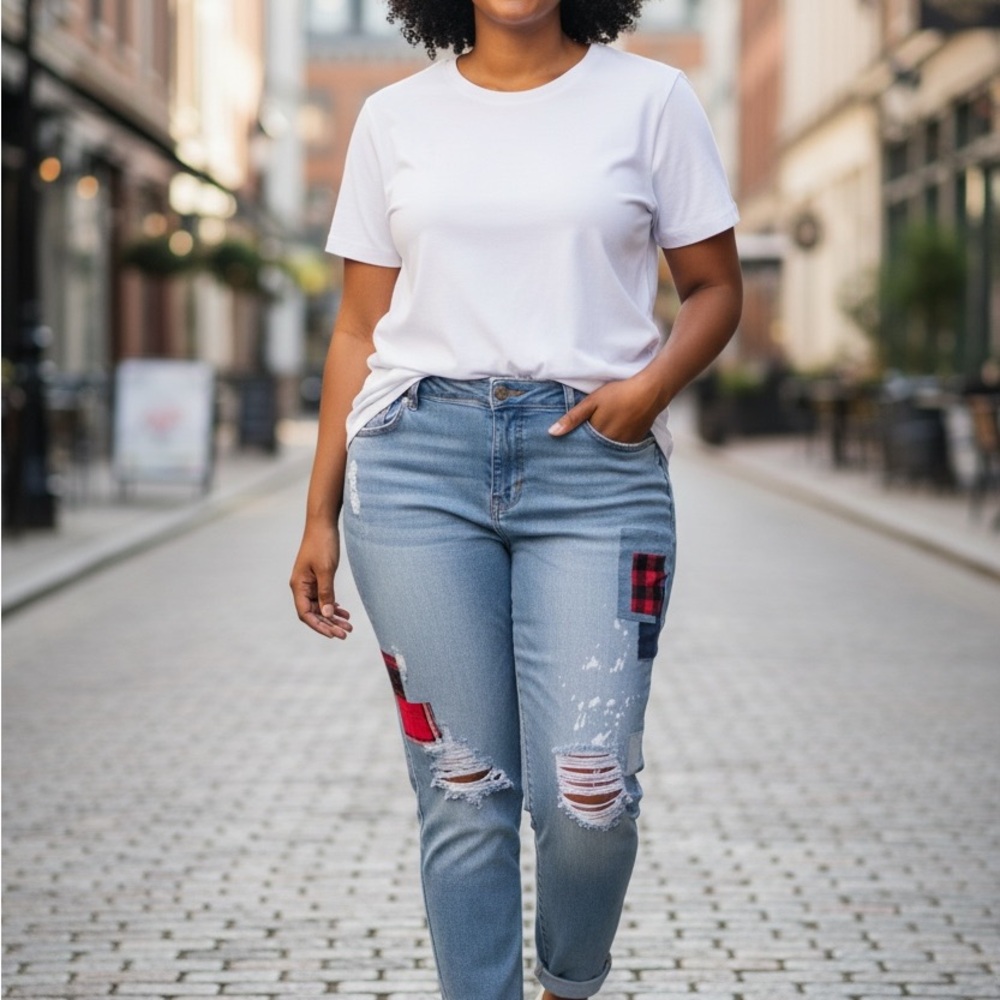 Lane Bryant Light Blue Distressed Boyfriend Jeans with Red Plaid Patches
